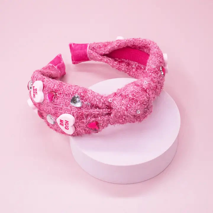 Embellished Knot Headband - Tweed Beaded Candy Valentine Heart