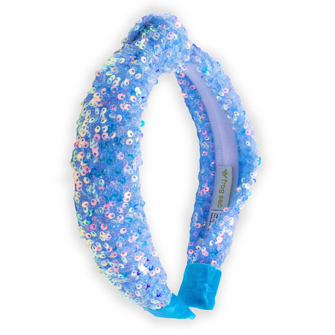 Blue sequin headband on a white background