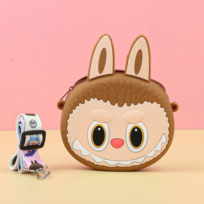 Cute Brown Labubu bag with a pink background
