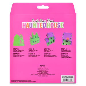 Pink packaging for 'Create Your Own Haunted House' craft kit with step-by-step instructions.