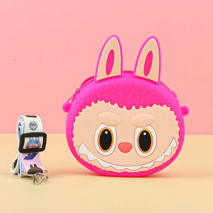 Pink Labubu Purse with bunny ears on a pink background