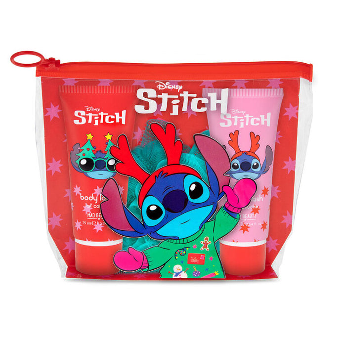 Disney Stitch-themed toiletry bag with two bottles inside on a white background