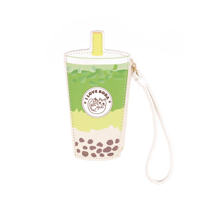 I love Boba Green and white bubble tea-shaped pouch wallet with a strap on a white background