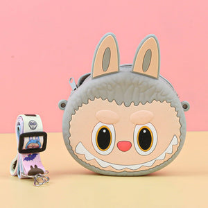 Grey Labubu Purse with a pink background