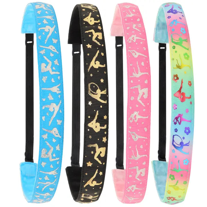 Four colorful headbands with different gymnastics patterns on a white background
