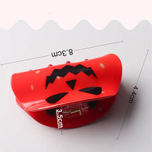 Load image into Gallery viewer, Orange hair clip with black designs on a white background with measurements
