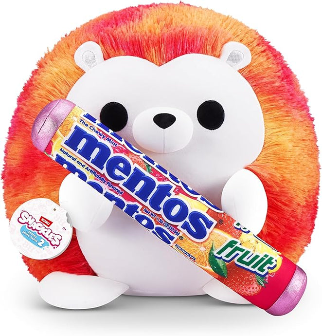 Hedgehog Plush toy with a Mentos fruit candy package on a white background