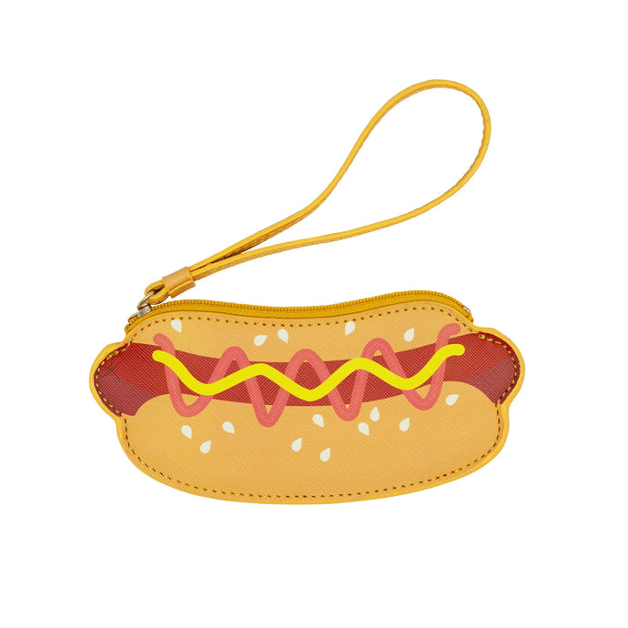 Hot dog-shaped pouch wristlet with mustard and ketchup on a white background