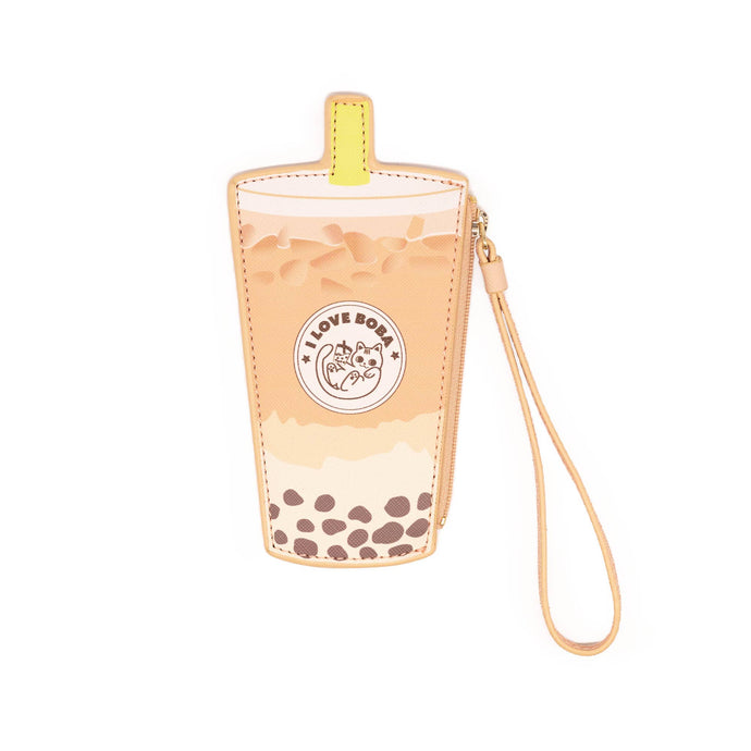 I love Boba Orange and white bubble tea-shaped pouch wallet with a strap on a white background