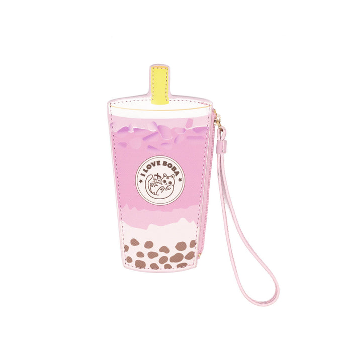I love Boba Pink and white bubble tea-shaped pouch wallet with a strap on a white background
