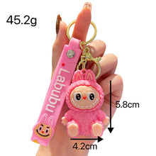 Load image into Gallery viewer, Pink Labubu keychain measurements held by a hand on a white background
