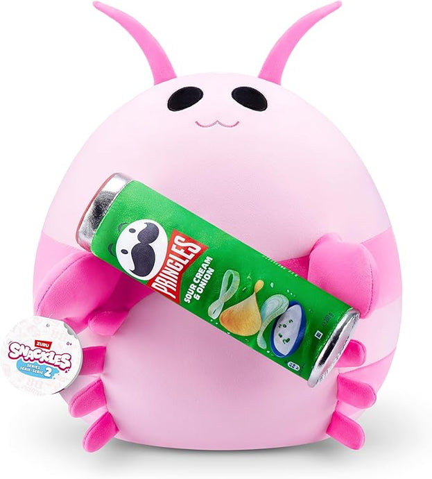 Pink Shrimp plush toy with a can of Pringles on a white background