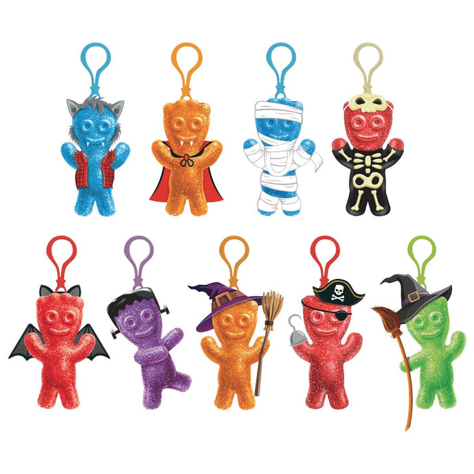 Set of colorful Sour Patch Kids Halloween-themed keychains on a white background