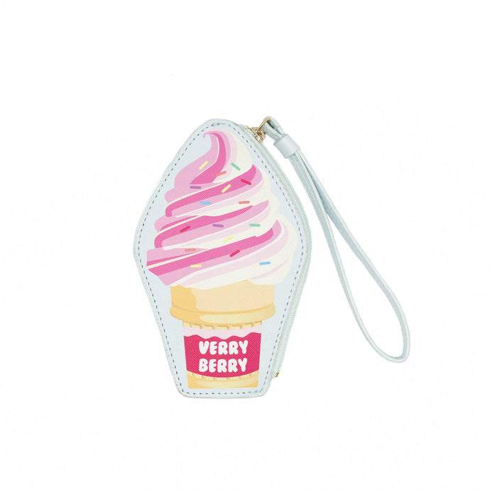 Ice cream cone-shaped pouch wallet with pink ice cream and 'Verry Berry' text on a white background