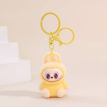 Load image into Gallery viewer, Fuzzy yellow Labubu Keychain on a beige background
